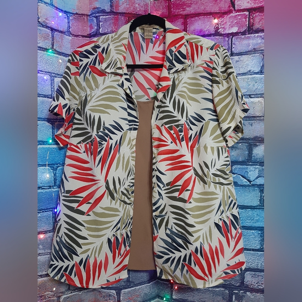 Tropical Leaf Print Button Down Shirt W/built In Cami  1X